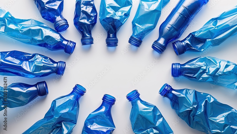 Leinwandbilder circular arrangement of crumpled blue plastic bottles on a white surface creating a striking contras