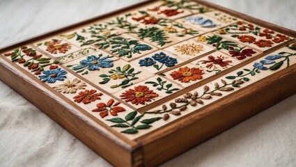 Wooden sampler displaying intricate floral embroidery in vibrant colors on a light background with warm wooden frame positioned at an angle.