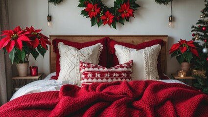 Cozy Christmas bedroom featuring a red wool blanket draped over white pillows and vibrant poinsettias arranged on nightstands and a decorated tree.