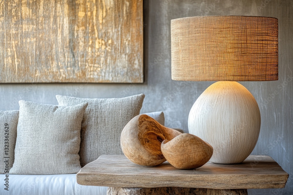 Poster A table with a lamp and a sofa in the background