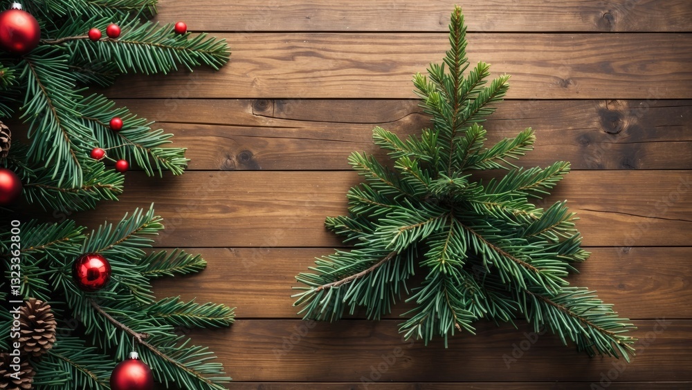 Poster Festive arrangement of evergreen branches shaped like a Christmas tree with red ornaments on a rustic wooden surface creating ample copy space.