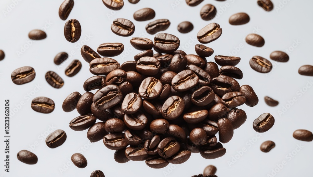 Poster Dark roasted coffee beans scattered against a light simple background, showcasing organic shapes and rich texture, creating a dynamic floating effect.