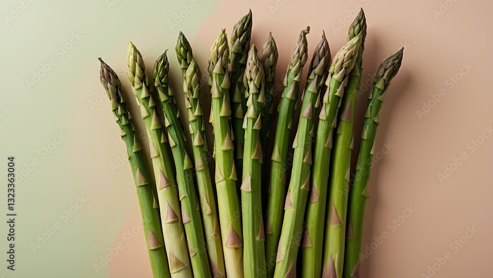 Poster fresh green asparagus spears arranged in a cluster on a soft pastel beige surface with a subtle gree