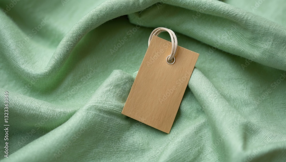 Fototapete Clothing tag on light green fabric lying flat with a loop, soft texture, centered between gentle fabric folds, highlighting elegance and simplicity