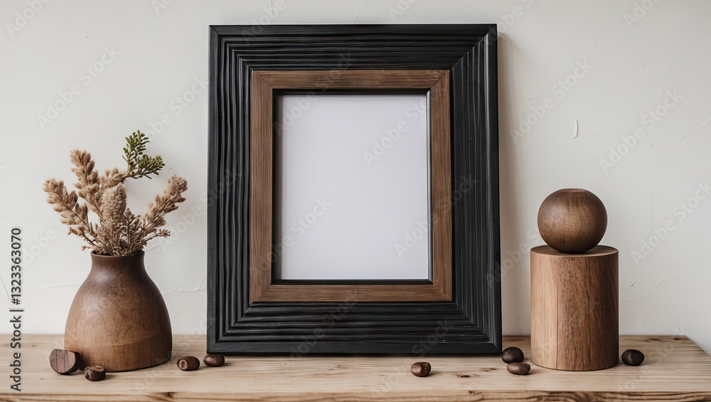 Poster elegant brown and black wooden photo frame with empty white space positioned prominently against a s