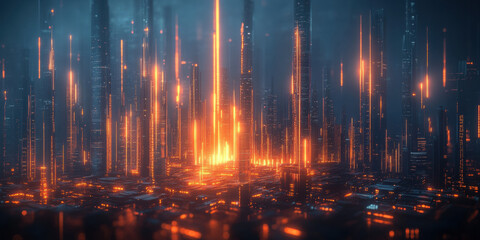 Naklejka premium Illuminated energy towers erupting in a futuristic city digital art nighttime vibrant environment