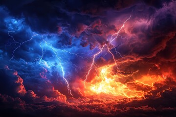Fototapeta premium Dramatic Sky with Contrasting Lightning Bolts and Storm Clouds Displaying Vivid Blue and Fiery Orange Colors in a Powerful Weather Event