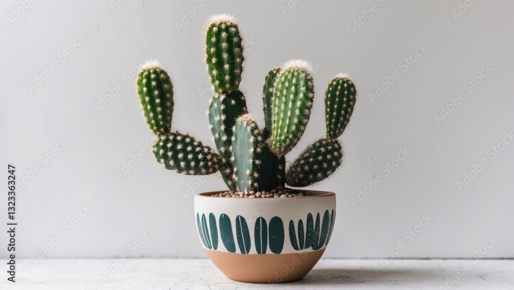 Poster cactus arrangement in a decorative pot with green and brown patterns positioned centrally on a clean