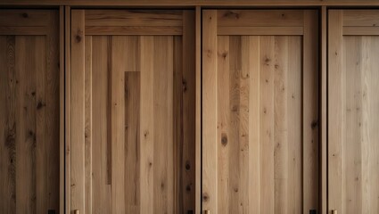 Fototapeta premium Close-up view of three wooden wardrobe doors displaying rich wood textures and patterns in natural hues of brown, arranged vertically and tightly together.