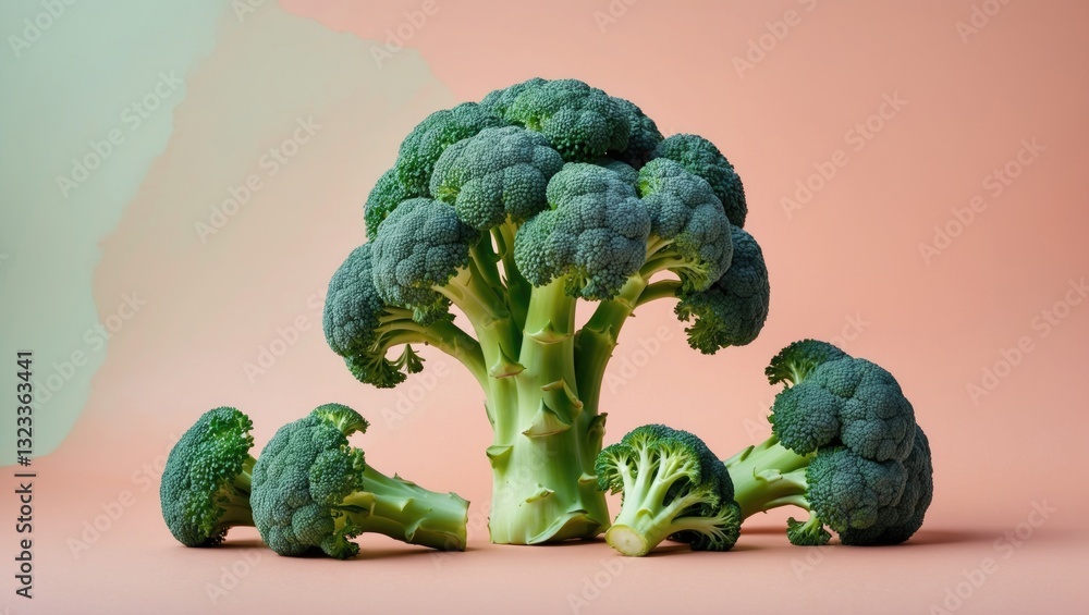 Poster broccoli displayed on a soft pastel peach background with multiple florets and stems arranged artist