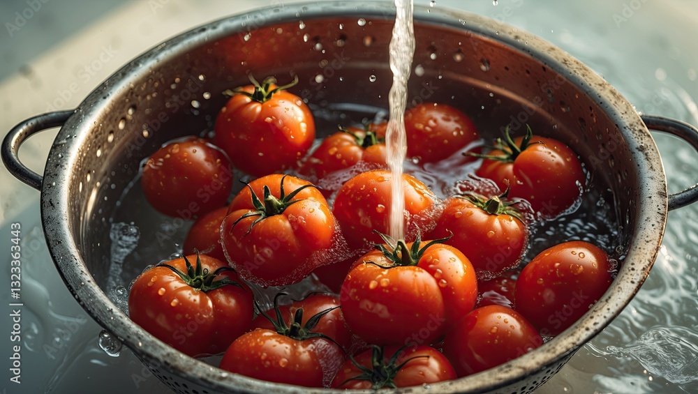 Poster vivid closeup of fresh red tomatoes in a silver colander filled with water under flowing tap water c