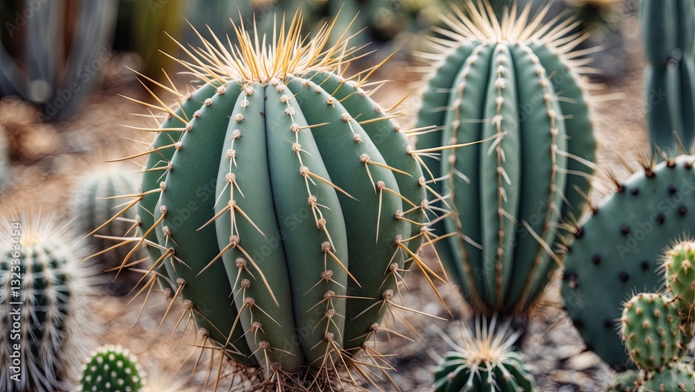 Poster Globe-shaped cactus with long thorns prominently displayed in vibrant green color amidst a blurred desert background featuring various cactus types.