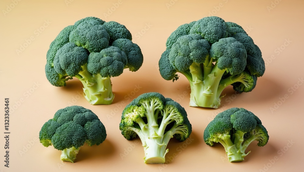 Poster fresh green broccoli florets arranged in varying sizes on a soft pastel peach background showcasing 