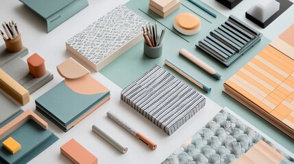 Abstract arrangement of various stationery items and accessories on a white surface.  Geometric shapes, colorful patterns and textures are displayed.  Creative design elements.