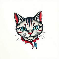 Obraz premium Cat Tattoo Design: A striking, illustrative depiction of a cat, intricately designed as a tattoo, showcases bold lines, vibrant colors, and unique details. 