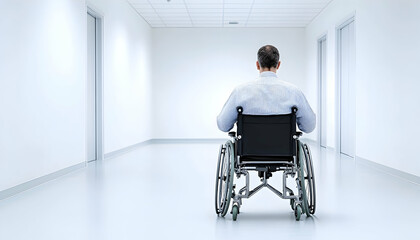 A person in a wheelchair sits alone in a sterile white hallway