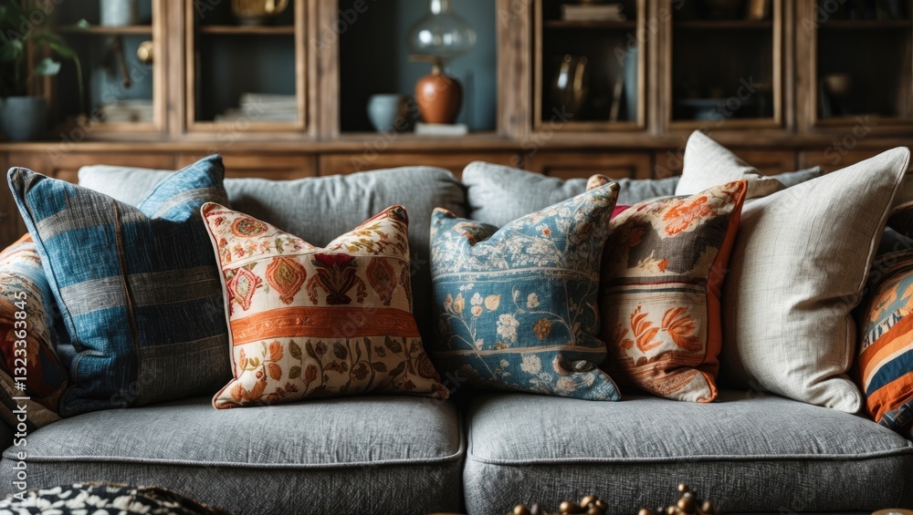 Aufkleber elegant arrangement of colorful patterned cushions on a cozy grey sofa with wooden shelving and deco