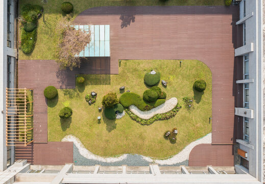 Aerial View of a Harmonious Rooftop Garden with Greenery and Str