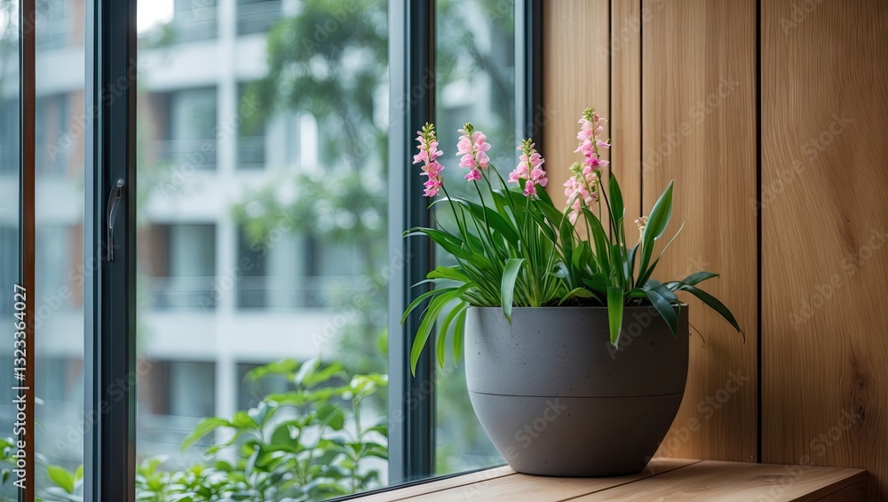 Poster orchid plant in a gray pot positioned on wooden surface near large window with greenery in the backg