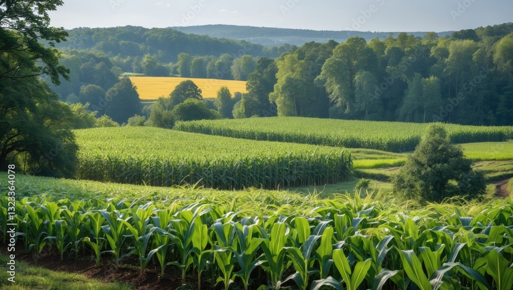 Poster lush green cornfield foreground with vibrant yellow field in the background amidst trees and rolling