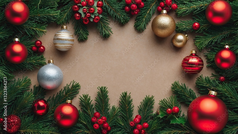 Poster christmas ornament flat lay with red and gold baubles on evergreen branches arranged in a circular f