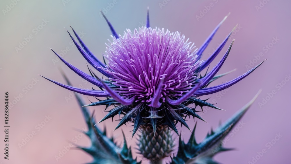 Poster close-up of a vibrant purple thistle flower centered on a soft pastel gradient background featuring 