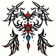 Obraz premium Symmetrical Ornament: An intricate symmetrical ornament, with a blend of floral and wing-like elements. It has a central diamond shape and the color is black, red and blue