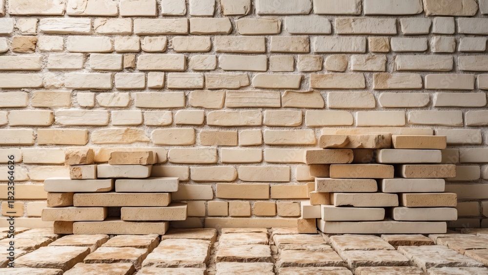 Aufkleber light beige brick wall with stacked bricks in the foreground, positioned left and right, creating a 