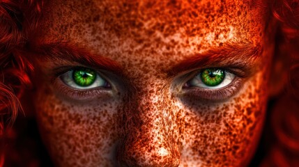 A close-up portrait of a girl with striking green eyes and a freckled face, showcasing a compelling expression that draws the viewer in with its intense emotion.