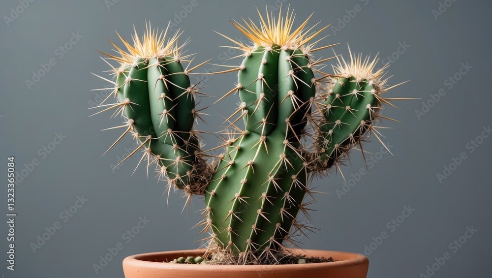 Poster close-up of a vibrant green cactus with long thorns displayed in a terracotta pot against a subtle g