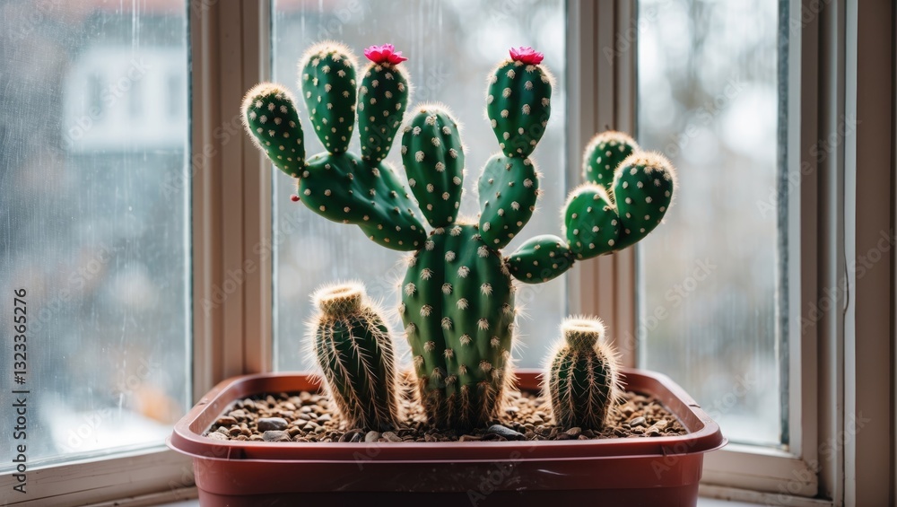 Poster cactus arrangement in a red plastic container on a window sill with vibrant green pads and pink flow