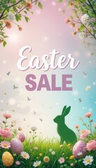 Fototapeta premium Easter Sale: Spring Flowers & Bunny - Pastel colors