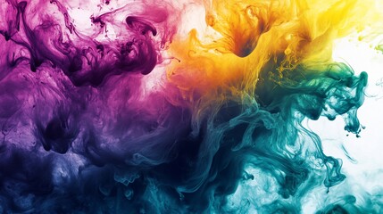 Fototapeta premium Abstract colorful ink swirling in water. Vibrant hues of purple, teal, and yellow blend together in a dynamic, fluid design.