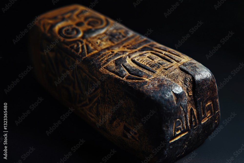Poster A close-up shot of a carved object sitting on a table, ideal for use in designs and layouts where a unique decorative element is needed