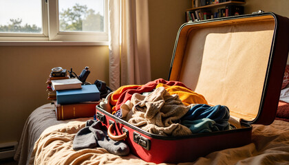 Overpacked suitcase in messy bedroom, serene chaos and warmth