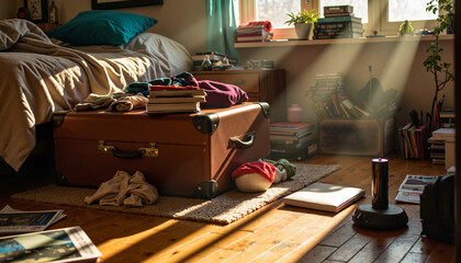 Nostalgic disarray in messy bedroom with bulging suitcase, memory