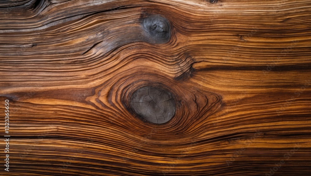 Aufkleber detailed close-up of rich brown wood grain with intricate knots and swirling patterns, featuring war