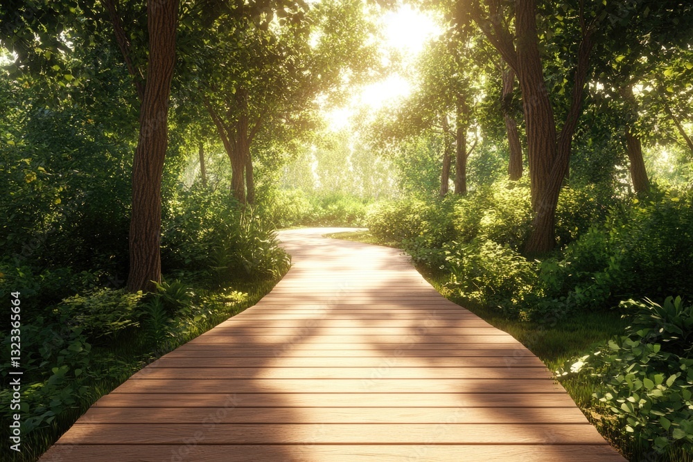 Poster lush green forest with a wooden path leading through the trees
