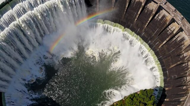 Rainbow forming over overflowing dam
