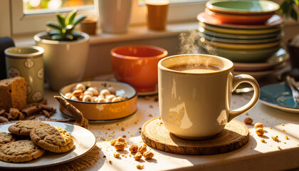 Cozy steaming cup and scattered cookies on kitchen counter, comfort scene