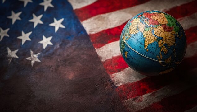 Striking photo of a globe on an American flag background, symbolizing global influence and focus, ideal for web banner with ample copy space on the right for text or branding.