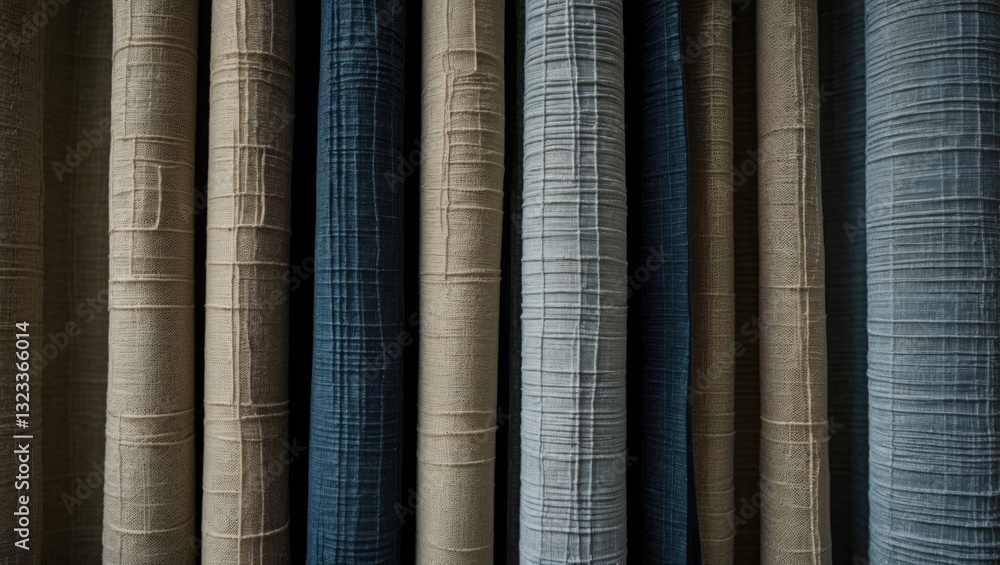 Aufkleber close-up of dense fabric curtains showcasing thin and thick vertical folds in earthy tones of beige 