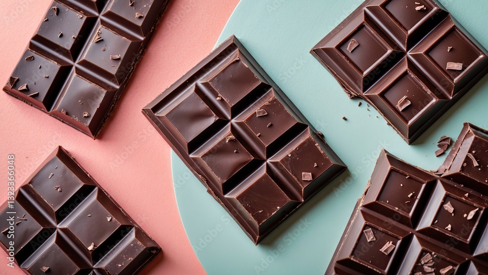 Aufkleber Dark chocolate bars arranged on a pastel pink and green background with textures visible on candies emphasizing rich cocoa color and shine.
