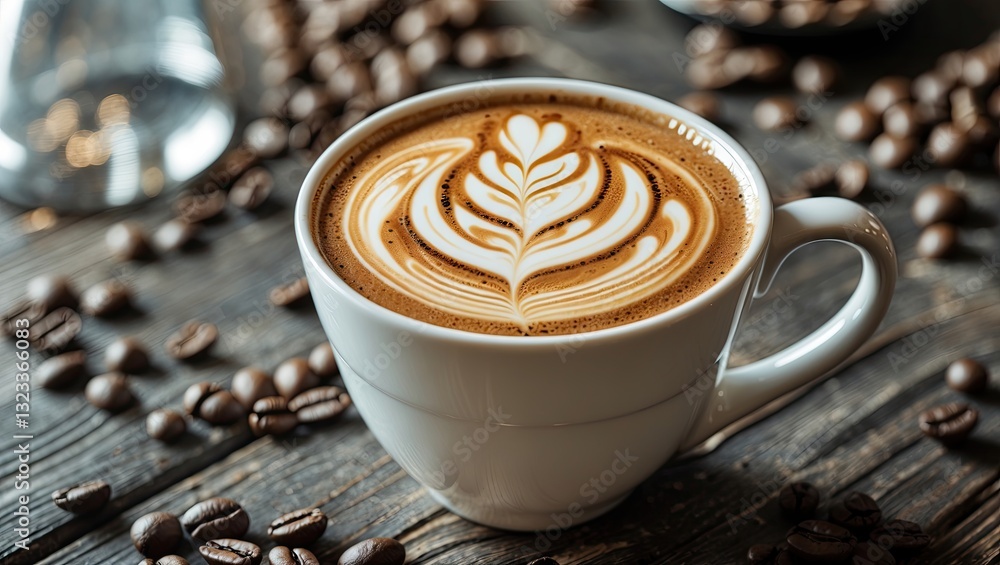 Poster latte art in a white coffee cup on a rustic wooden table surrounded by coffee beans with ample copys