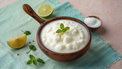 Fresh and creamy curd in a rustic wooden bowl with lime wedges and mint leaves on a pastel turquoise canvas backdrop surrounded by salt