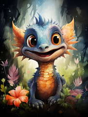 Obraz premium Cute fantasy dragon smiling in enchanted forest