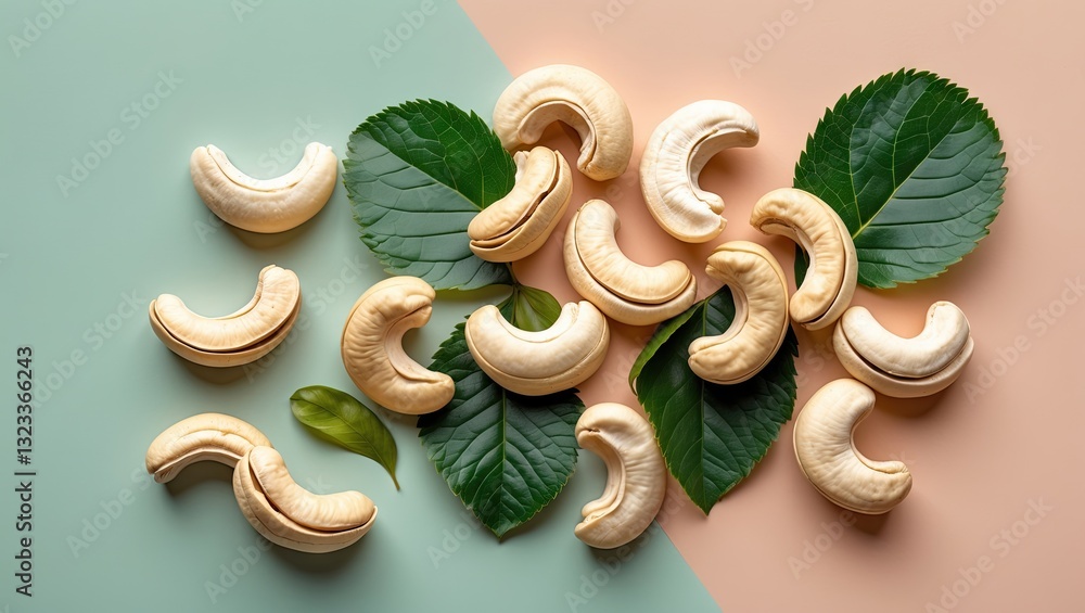 Poster cashew nuts arranged aesthetically with green leaves on a pastel mint and peach background creating 