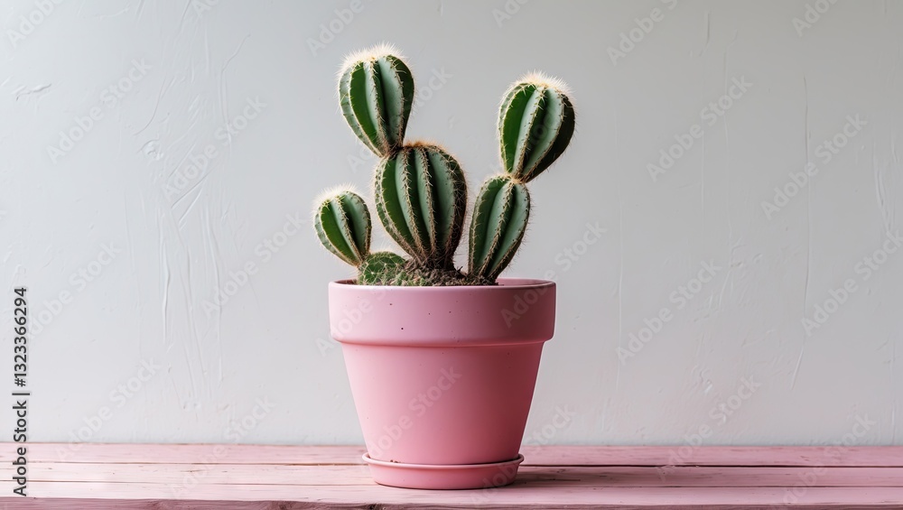 Poster cactus with striped green stems in a pastel pink pot centered against a soft white background featur