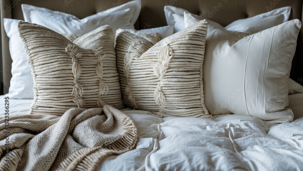 Poster cozy textured beige pillows arranged harmoniously on a white bedding ensemble with soft throw blanke