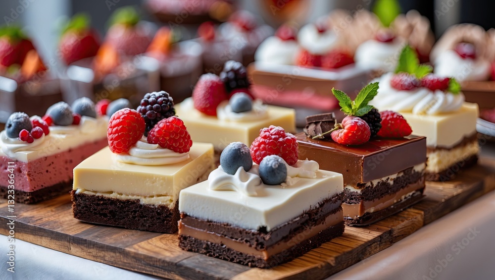 Poster delicious assorted desserts on a wooden platter with vibrant red raspberries and blackberries, ample